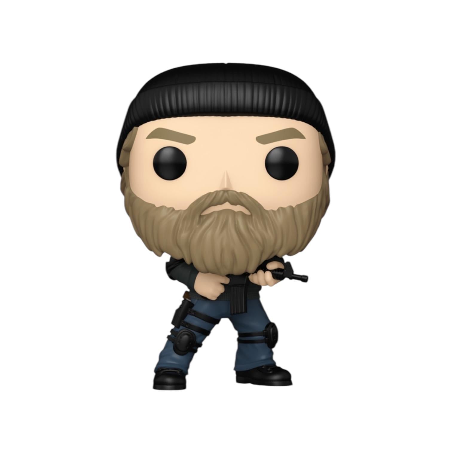 Funko Pop! vinyl figure with a character wearing a black beanie and holding a gun on a white background