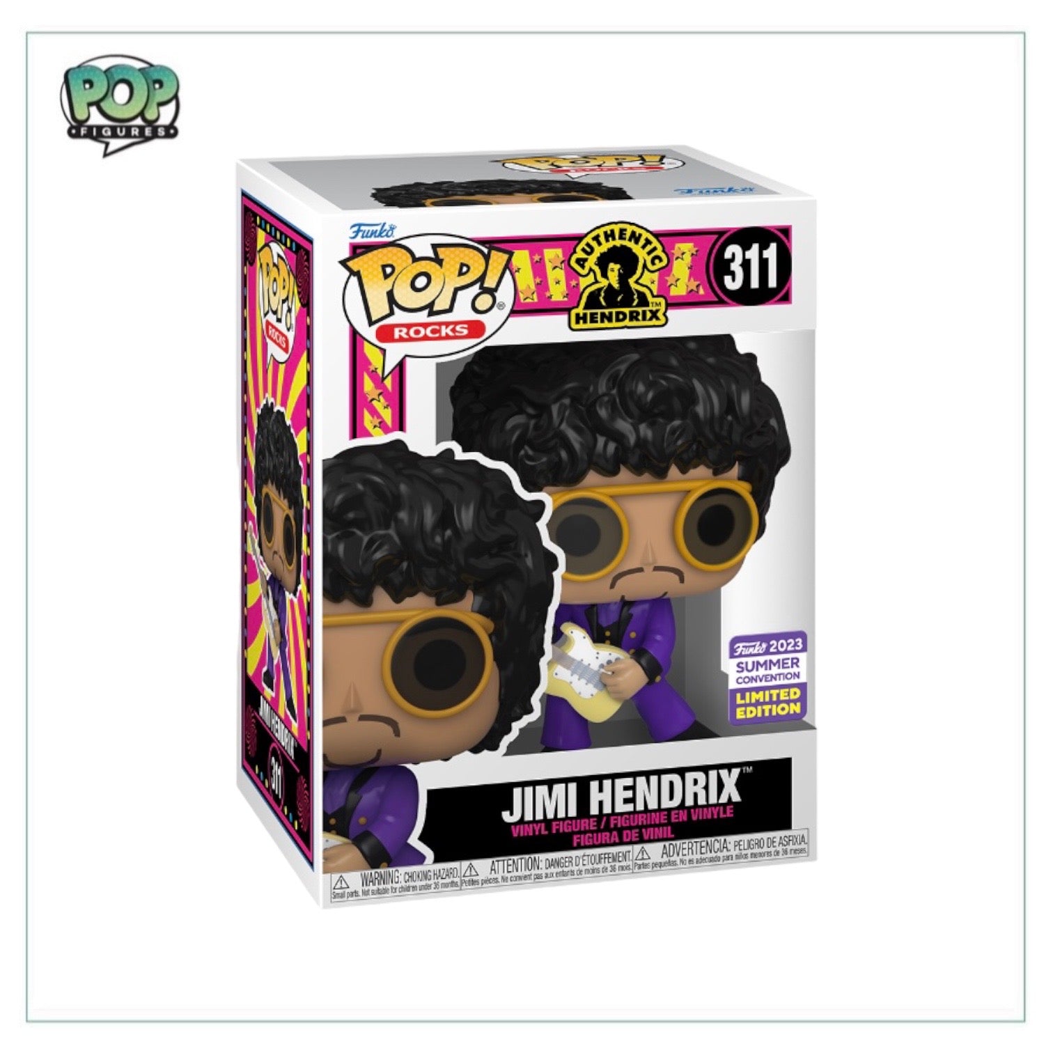Jimi Hendrix Funko Pop! figure from SDCC 2023, featuring vibrant colors and iconic rock star details.