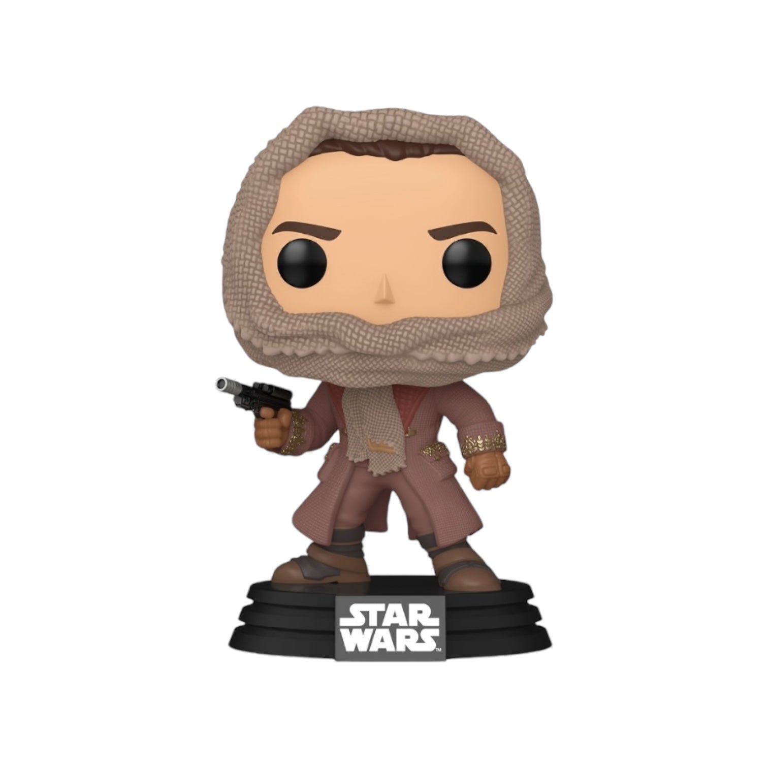 Jod Wearing brown attire and scarf holding a pistol