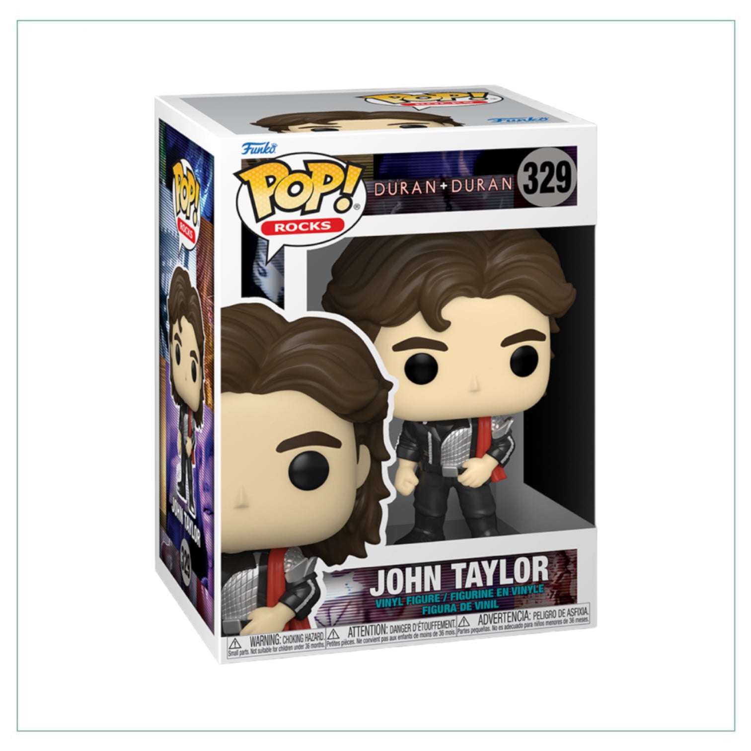 Funko Pop! figure of John Taylor from Duran Duran, wearing stylish clothes and holding a microphone, #329 in the series.