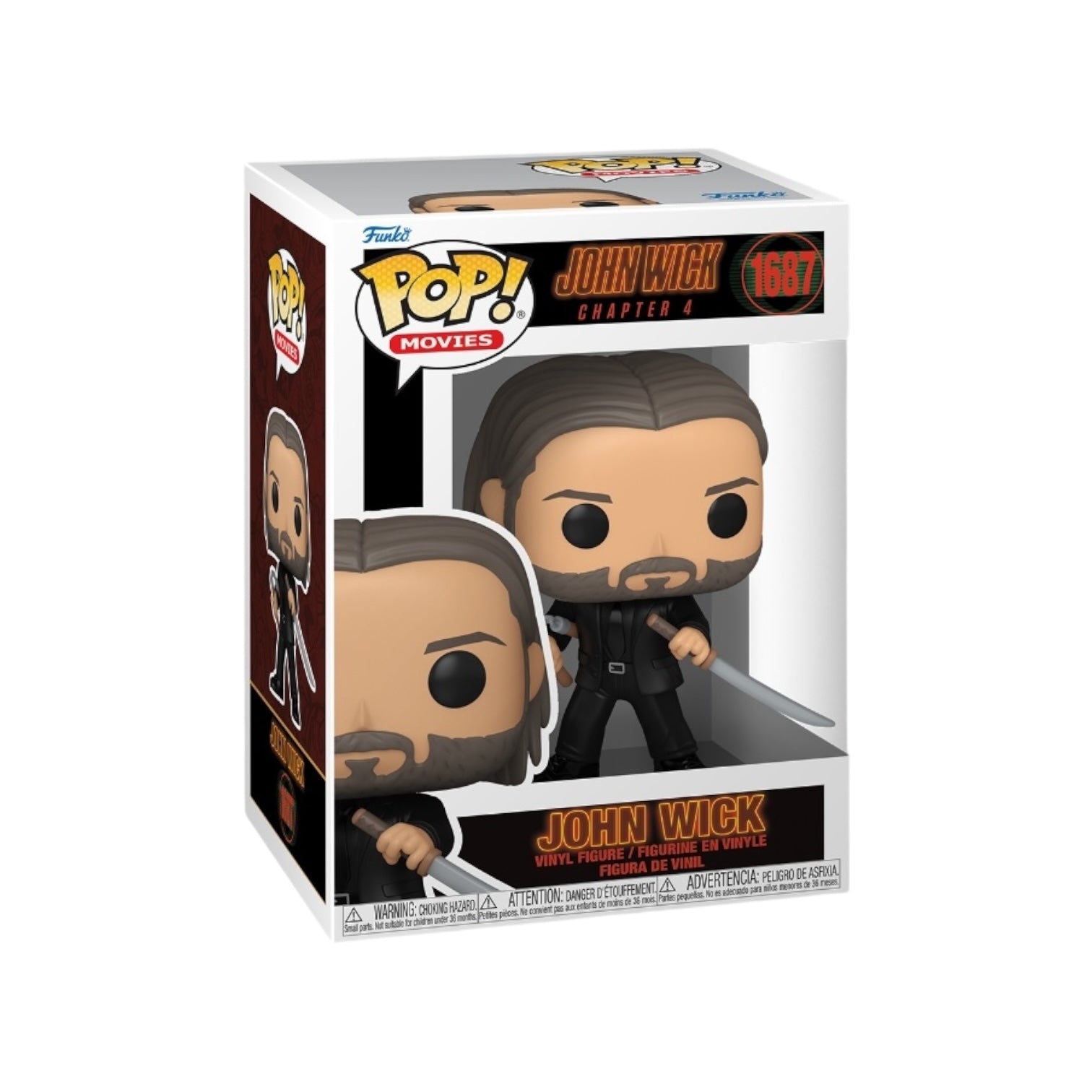 A vinyl figure of John Wick, holding a sword and nunchucks, showcasing his iconic action-packed style
