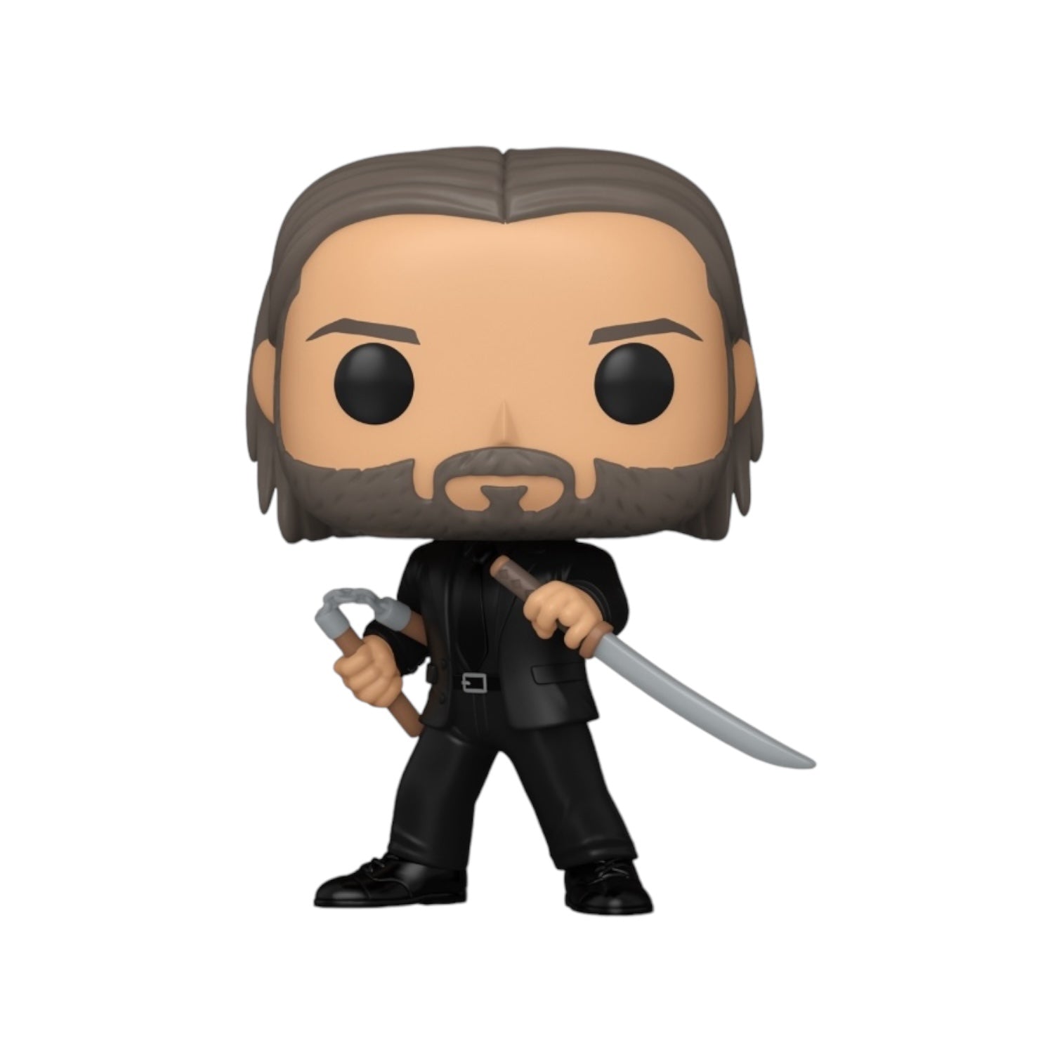 A vinyl figure of John Wick, holding a sword and nunchucks, showcasing his iconic action-packed style.