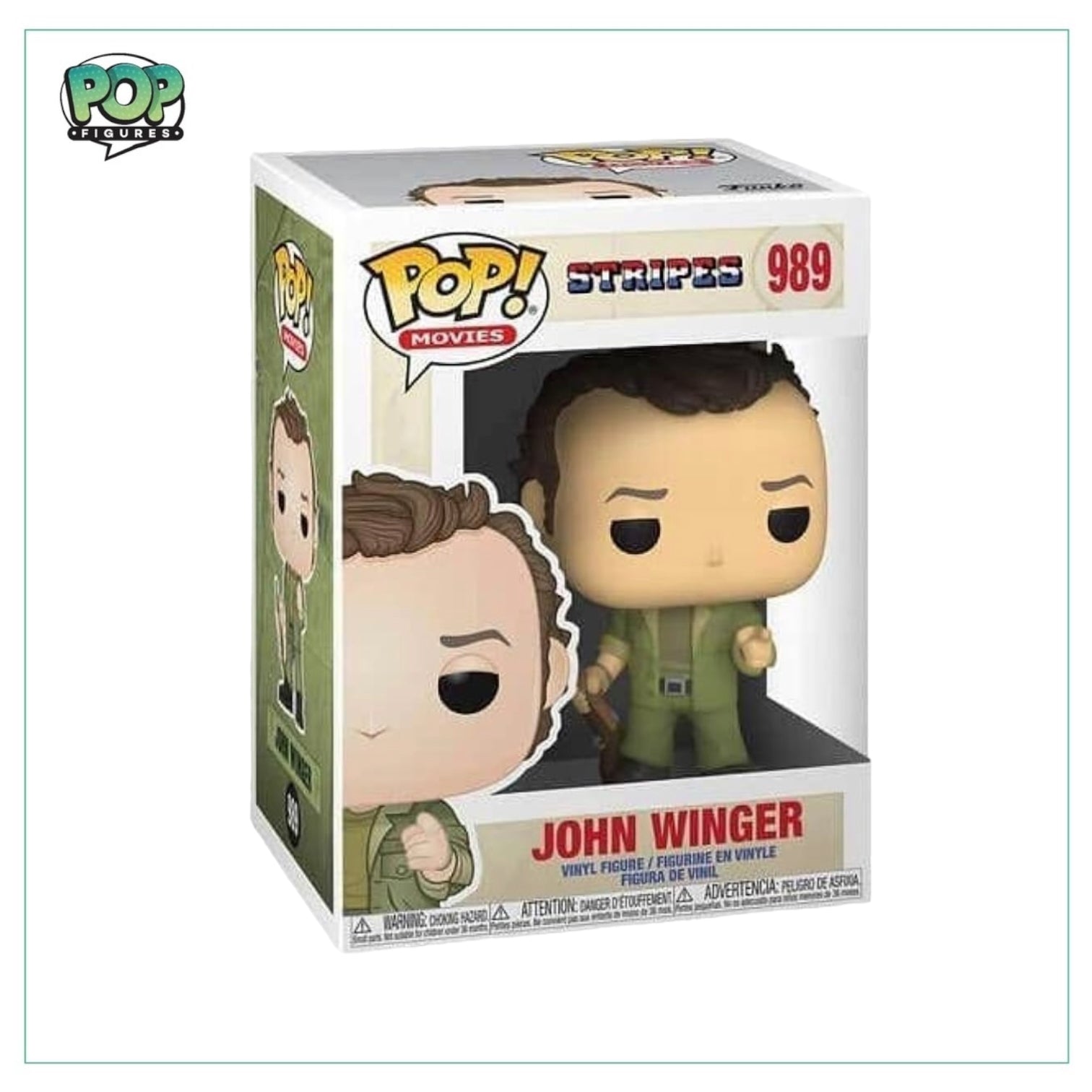 John Winger #989 Funko Pop! from Stripes, showcasing the character in a detailed military outfit with a cheerful demeanor.