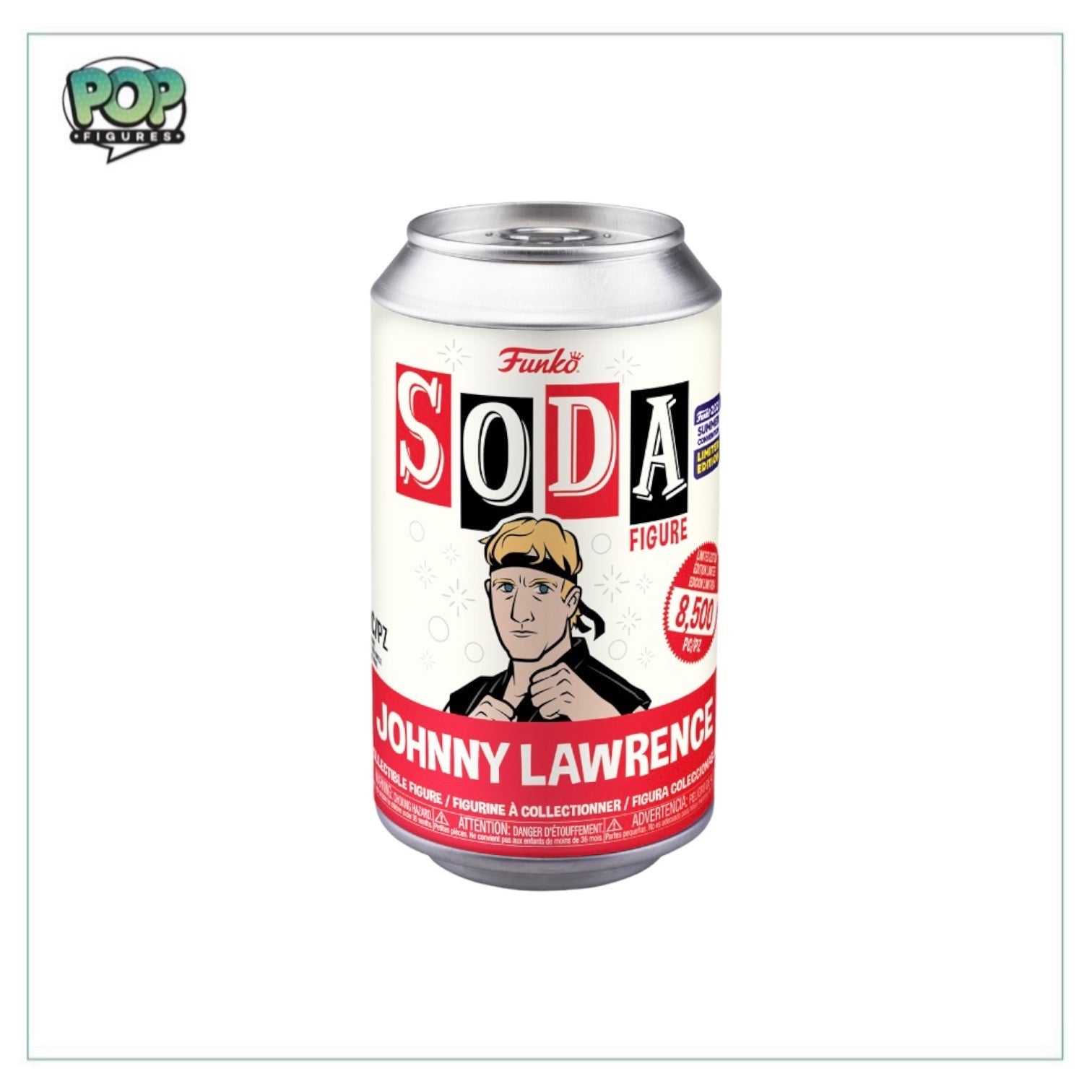 Johnny Lawrence Funko Soda Vinyl Figure from Cobra Kai, SDCC 2023 Exclusive, limited to 8500 pieces, with a chance of chase variant.