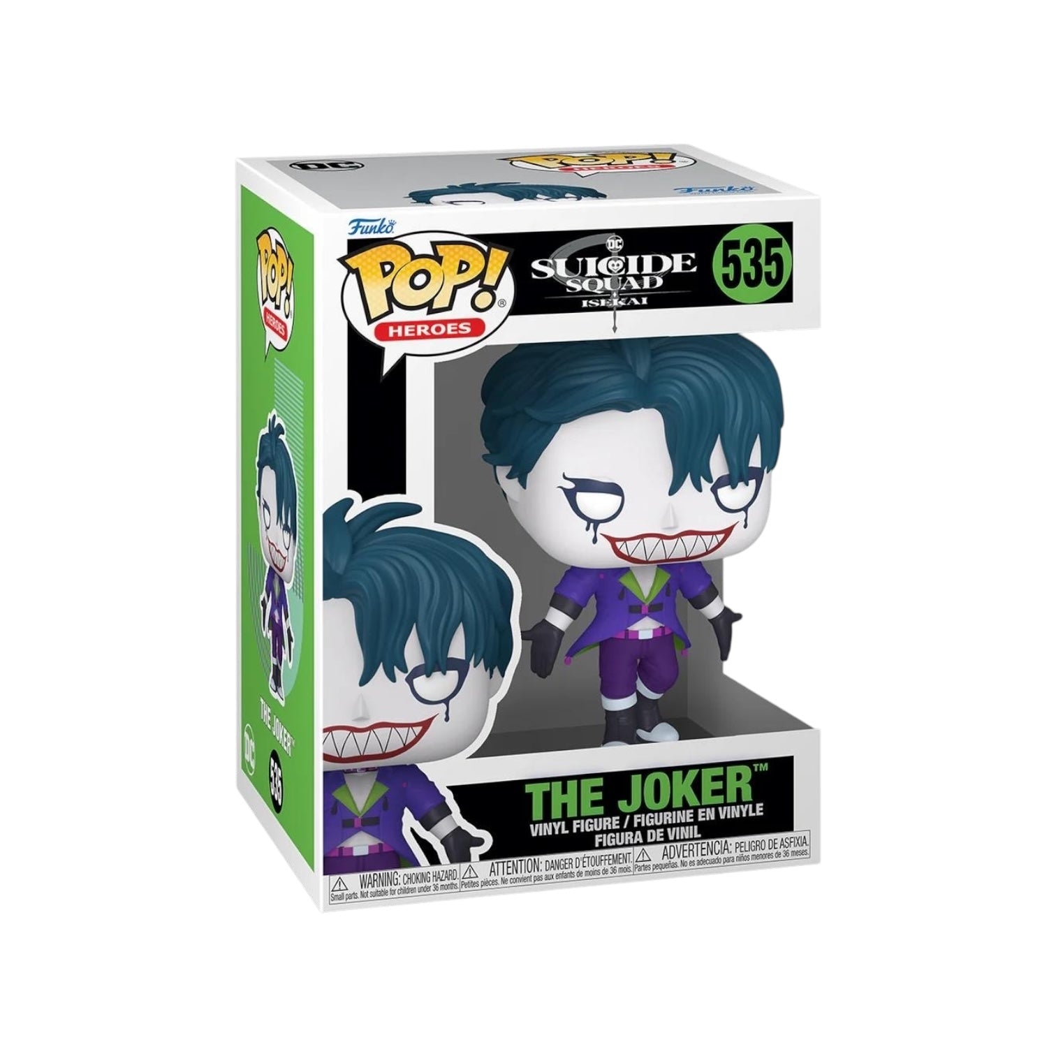 The Joker wearing a purple outfit blue hair and a wide green with bright red lips