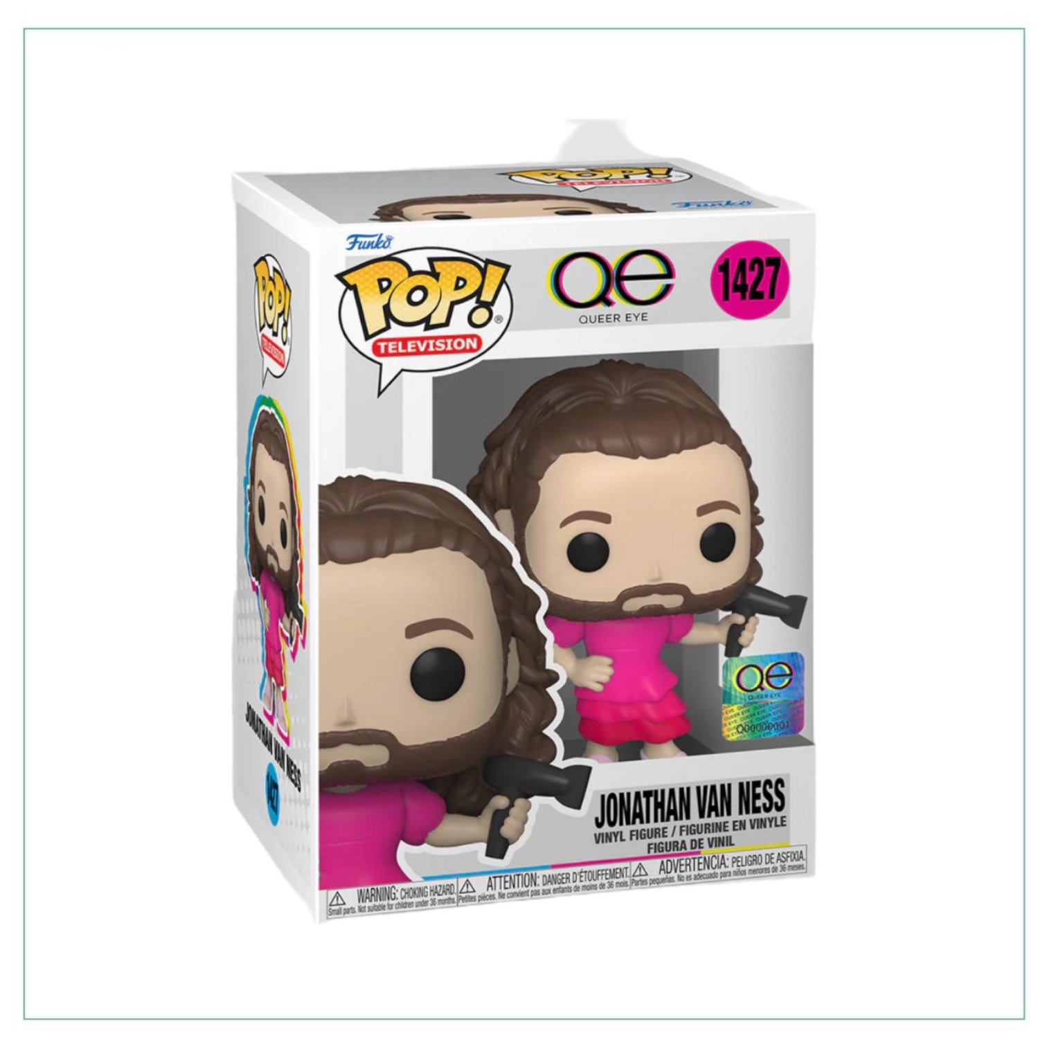 Jonathan Van Ness Funko Pop! figure #1427, featuring his iconic look from Queer Eye with colorful attire and hairstyle.