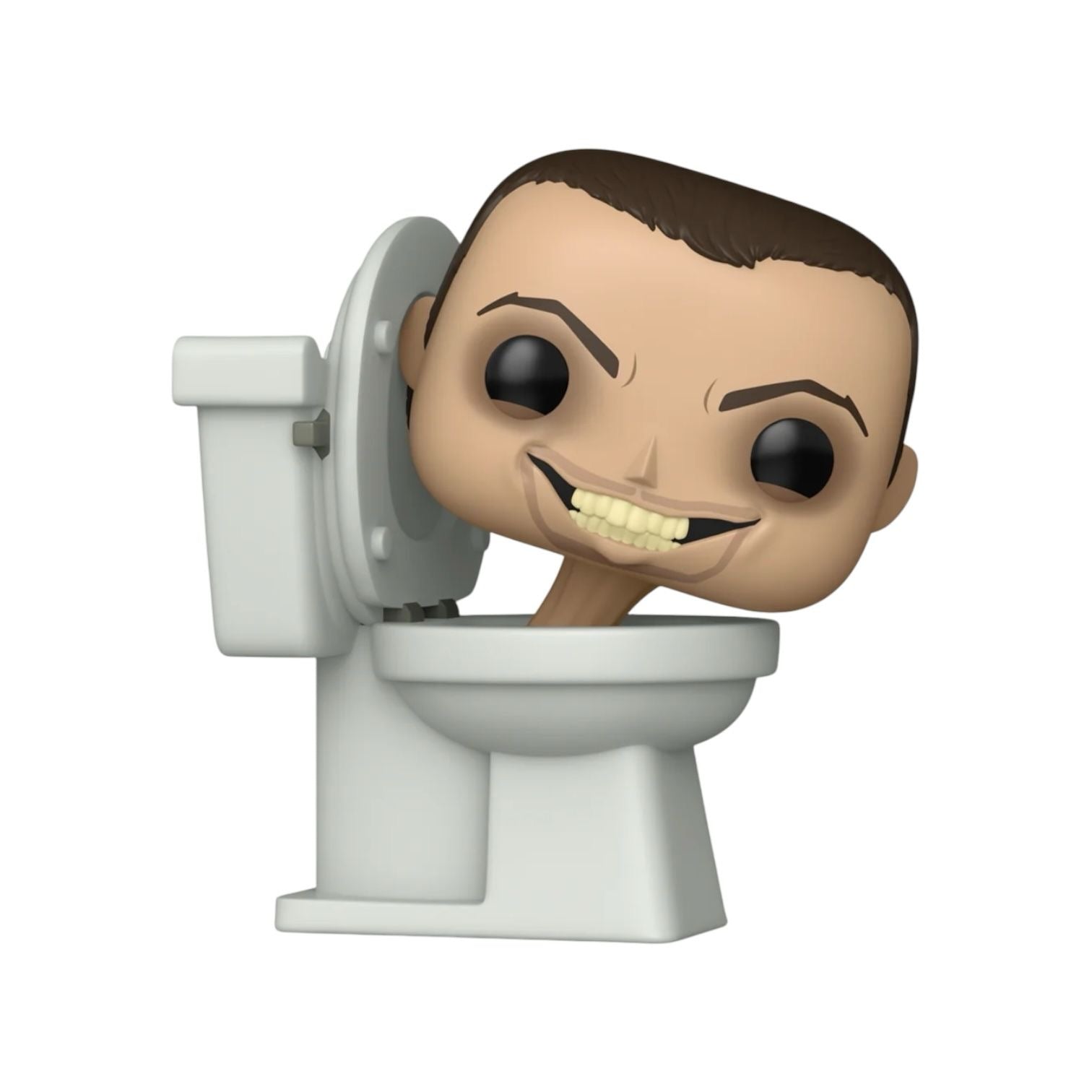 Jumbo Skibidi toilet out of box approximately 10 " tall, a mans head coming out of a toilet with a wide eyed grinning expression