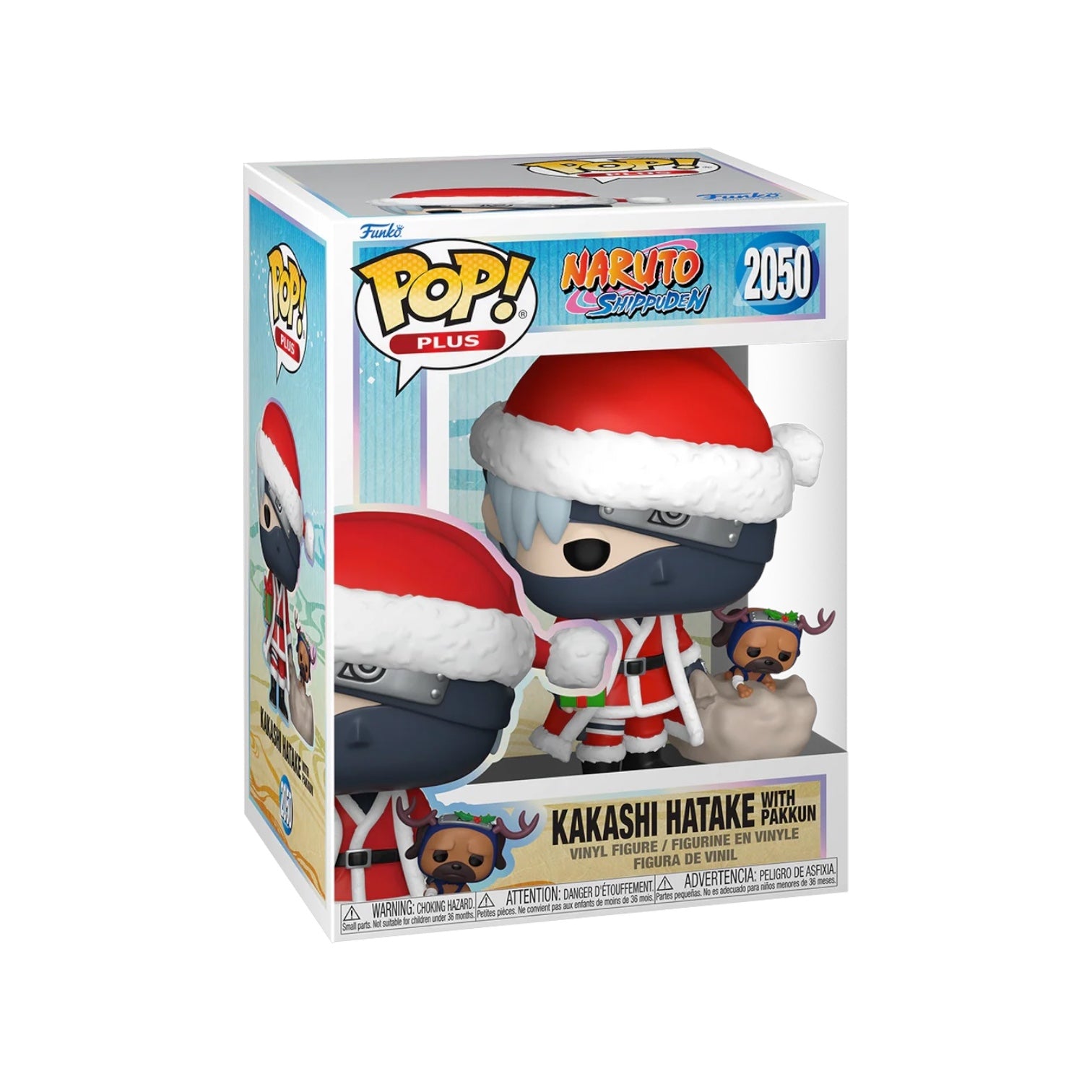 Funko Pop! vinyl figure packaging featuring Kakashi Hatake with a dog, in a Santa Claus outfit, on a white background.