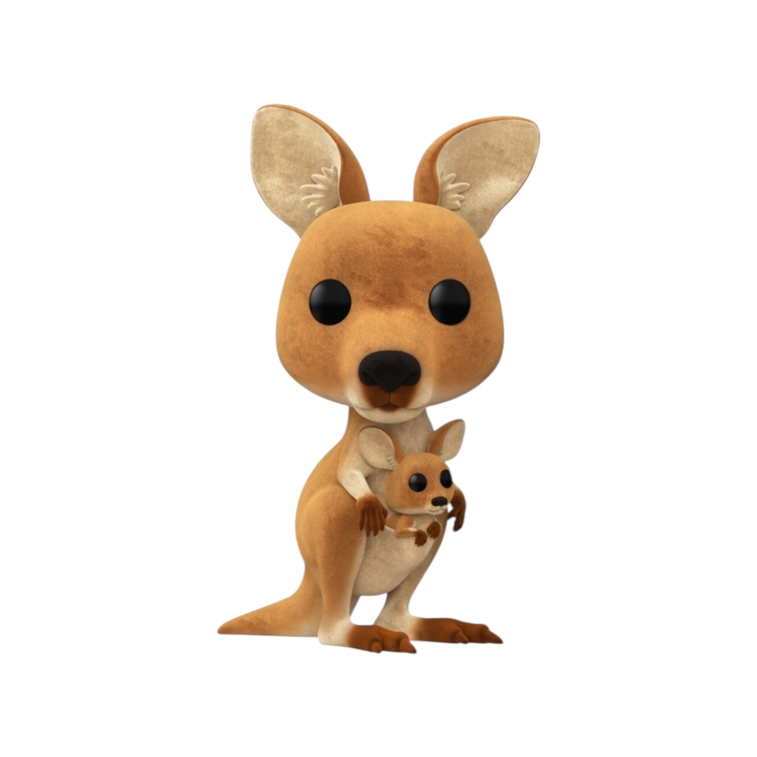 Plush toy of a kangaroo with a baby kangaroo in its pouch on a white background