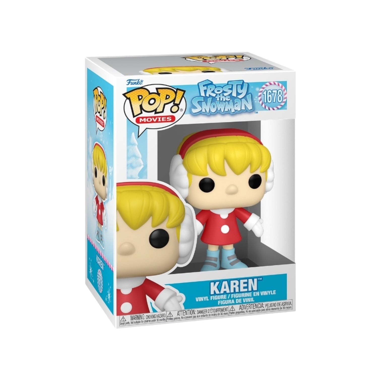 Funko Pop! figure of Karen #1678, depicting Frosty the Snowman with a cheerful expression and classic top hat.