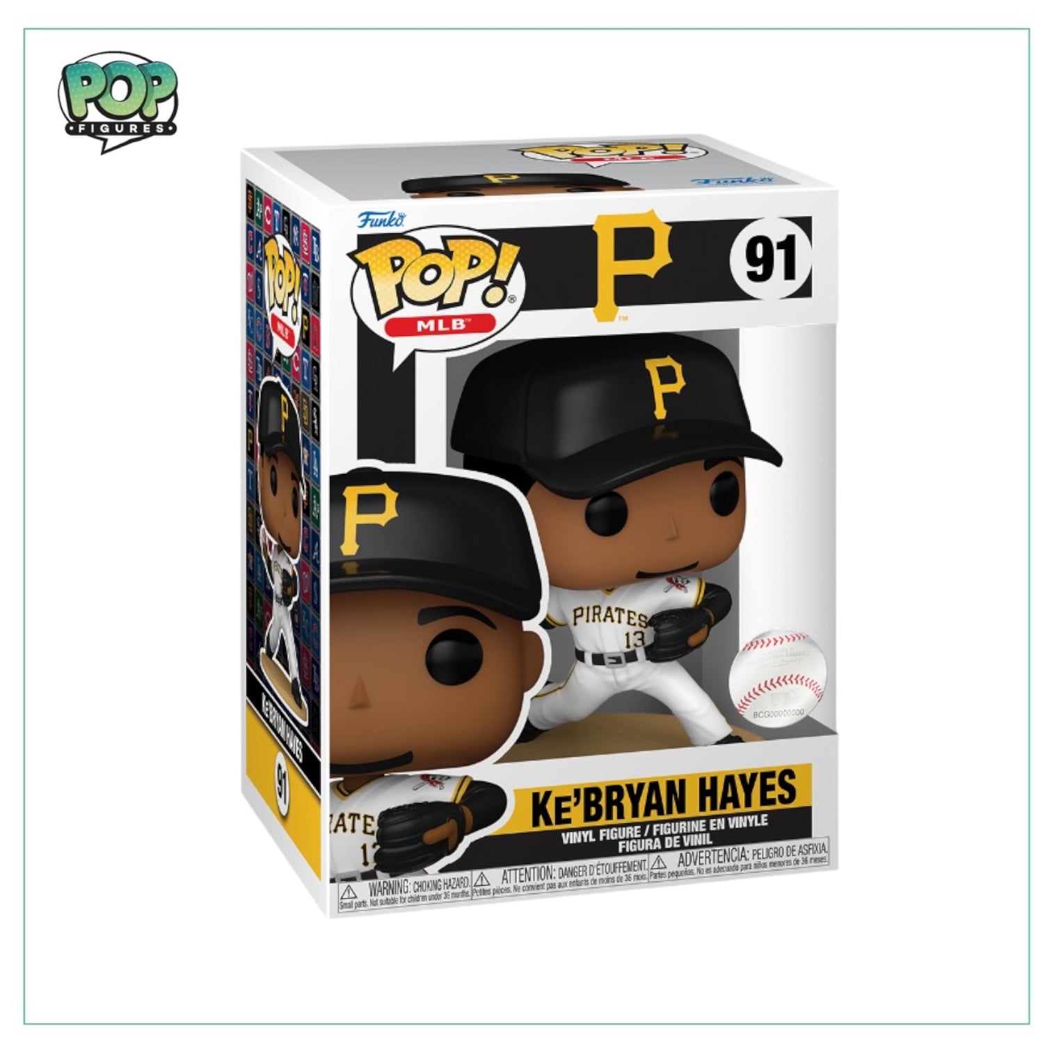 Funko Pop! figure of Ke'Bryan Hayes, #91, representing the Pittsburgh Pirates in MLB attire.