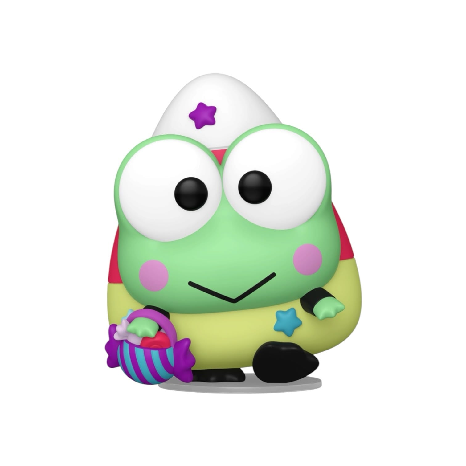 Colorful frog-like figurine with a star on its head, holding a basket, on a white background