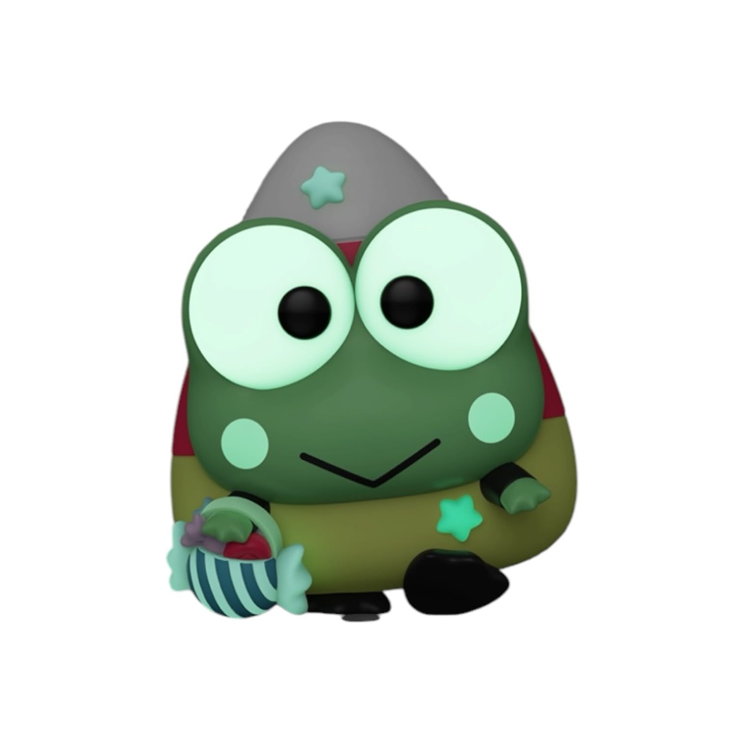 Toy frog character with a witch hat and basket on a white background