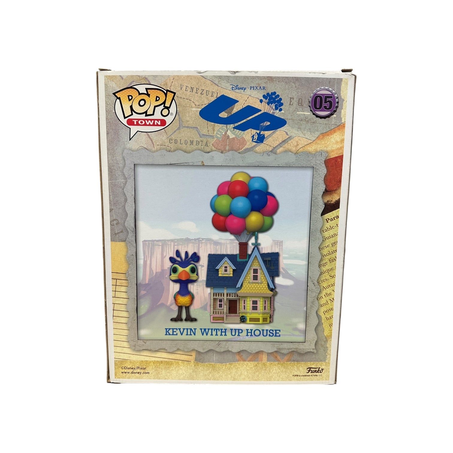 Funko Pop! Town figure packaging featuring Kevin from 'Up' with balloons and a house.