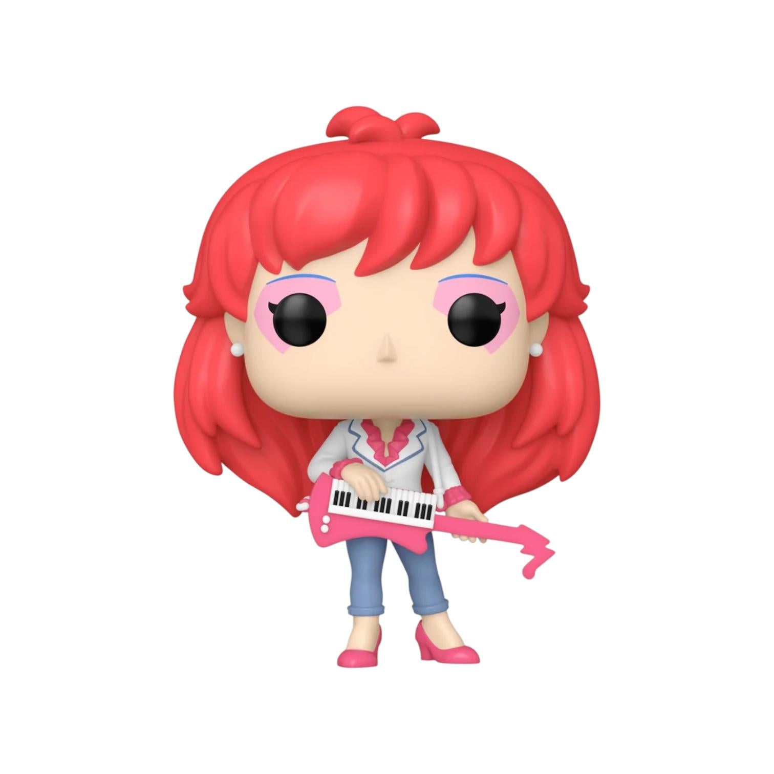 Kimber Benton pink hair in a classic jeans and white blazer holding a pink Keytar