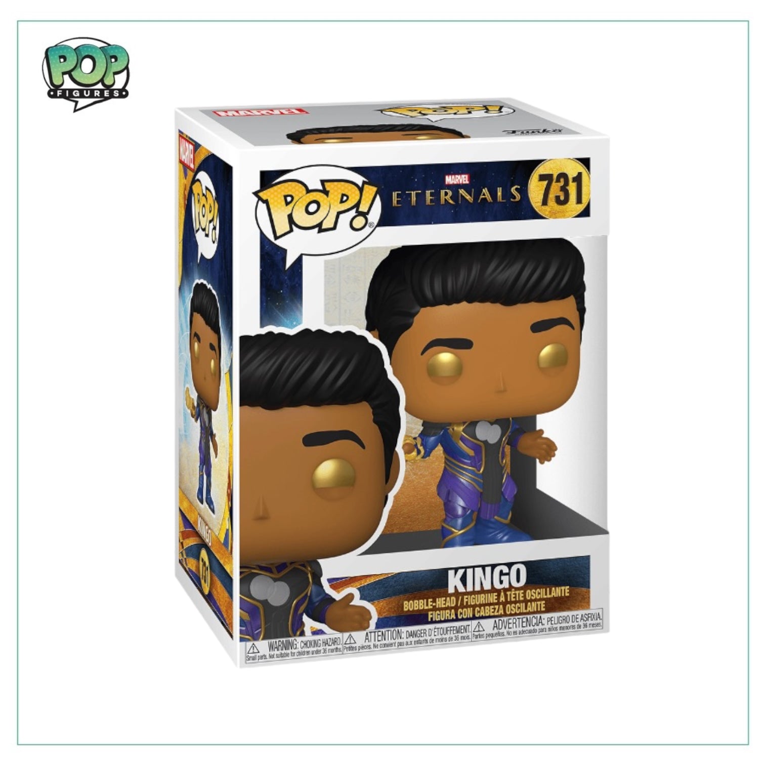 Marvel Eternals Kingo #731 Funko Pop! figure, showcasing a detailed character design with a dynamic stance and bright colors.