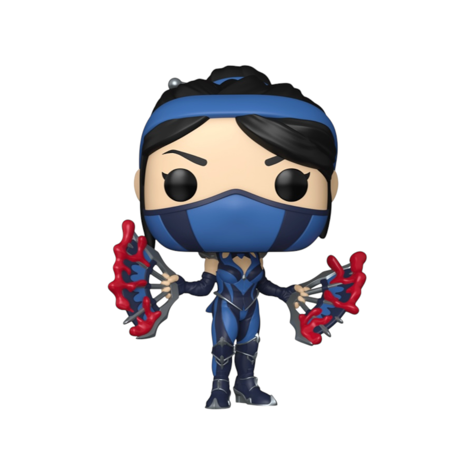 Kitana in her blue detailed outfit holding her dans she uses in her fatality move