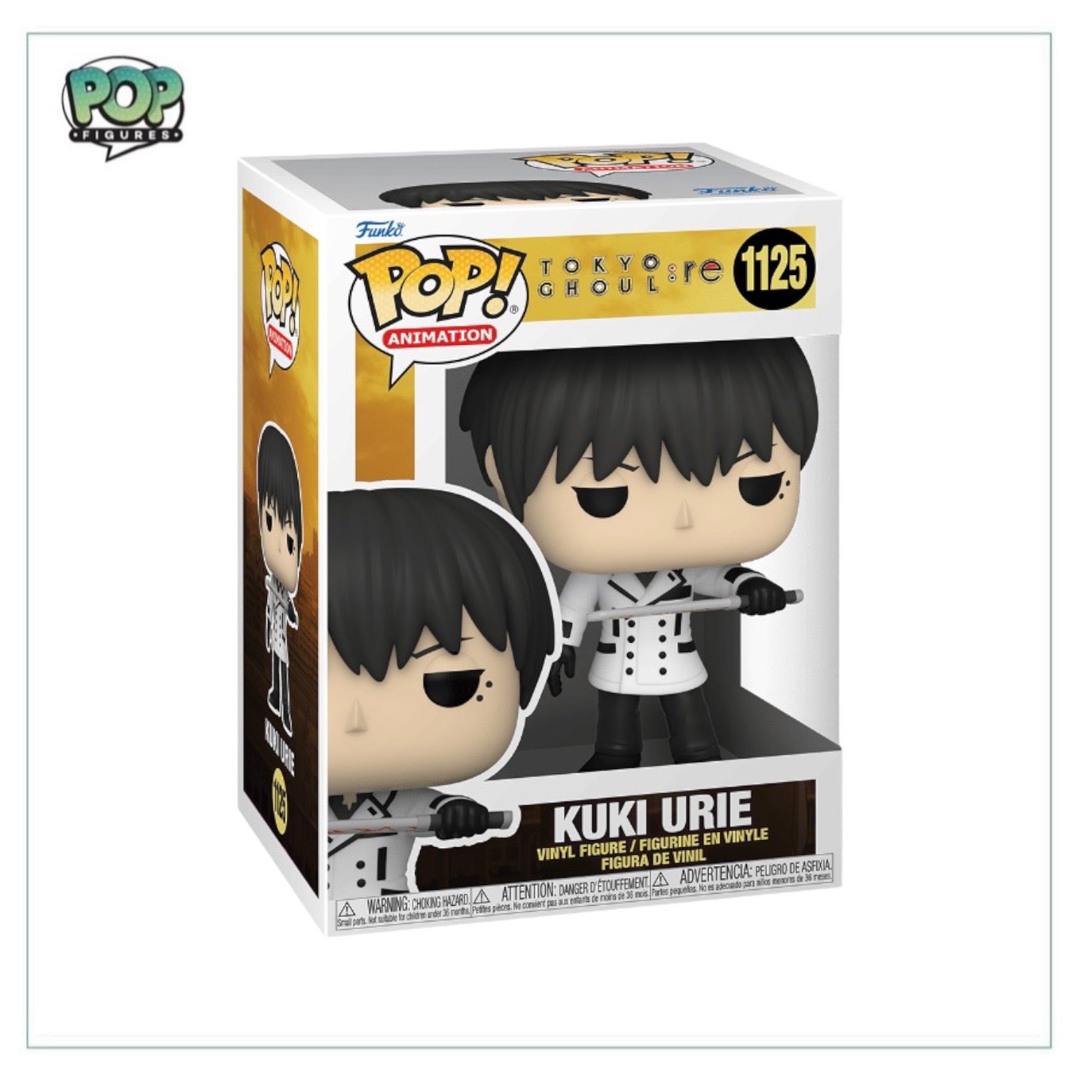 Kuki Urie #1125 Funko Pop! figure from Tokyo Ghoul, featuring his distinctive outfit and hairstyle in a collectible design.