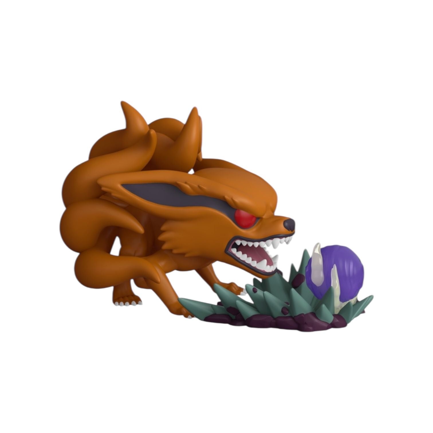 Toy figure of a brown creature with a purple orb on a white background