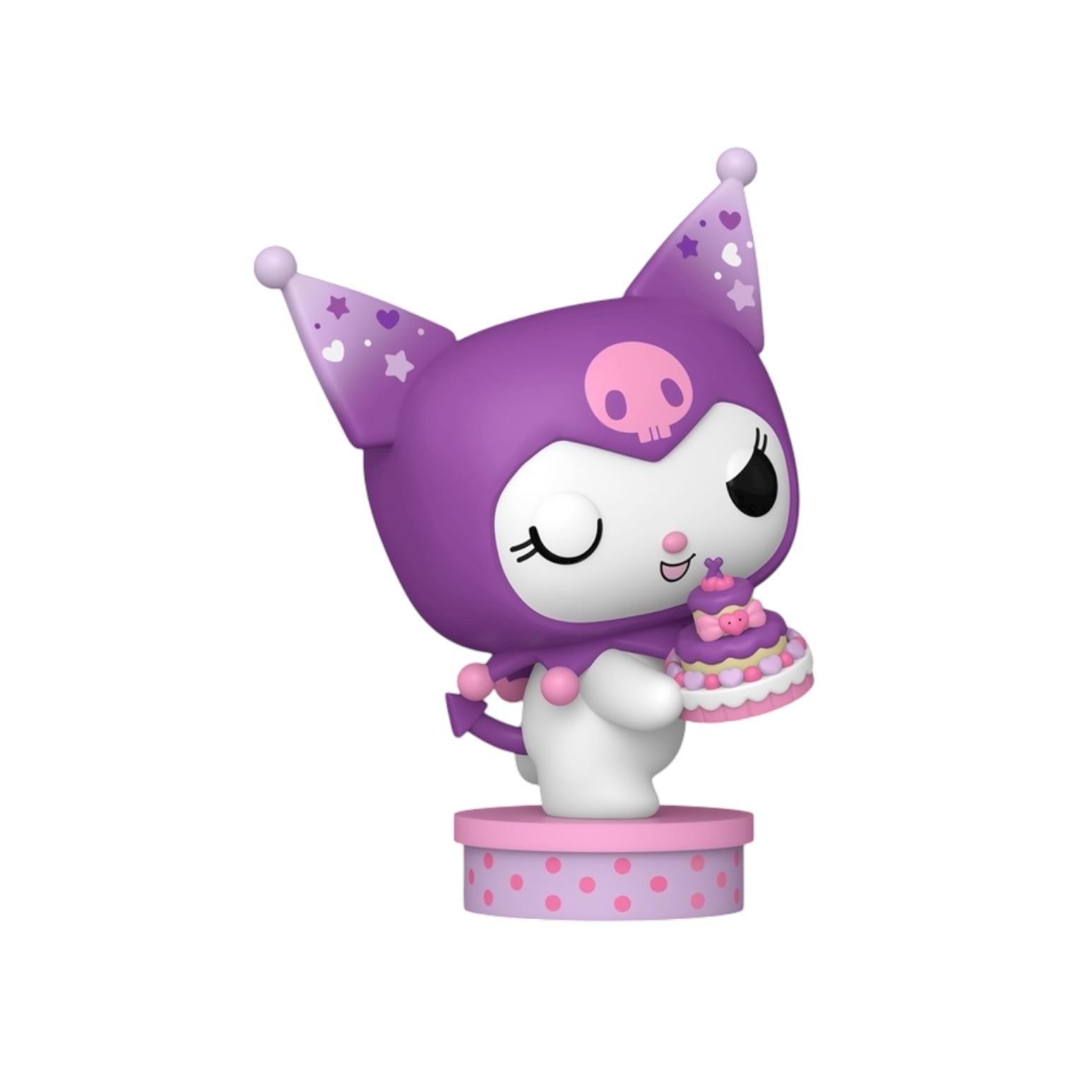 Purple and pink character figurine with a skull design on a white background