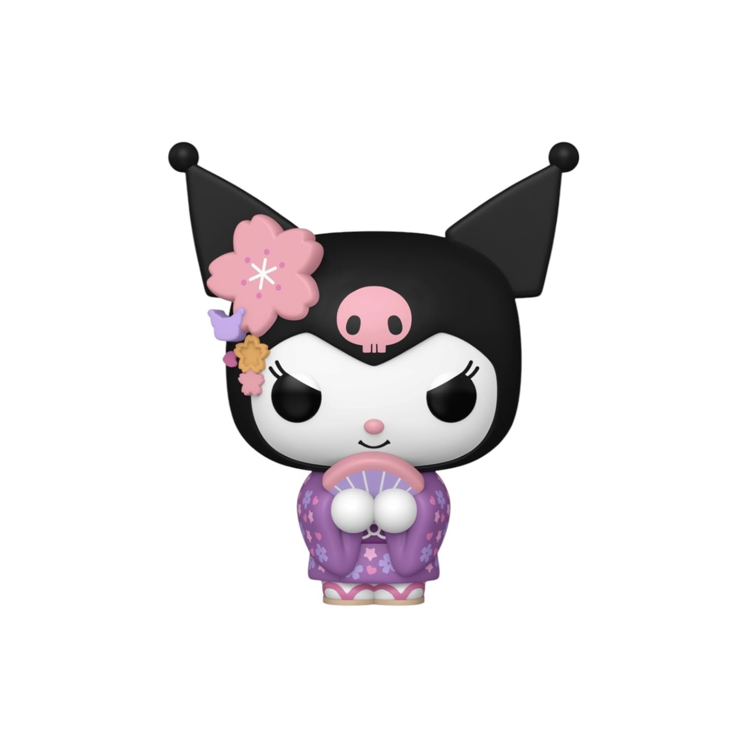 A Sanrio Kuromi Funko Pop! vinyl figure styled in a traditional Japanese shisa (dancer) pose, wearing a purple kimono with cherry blossoms, set against a plain white background.