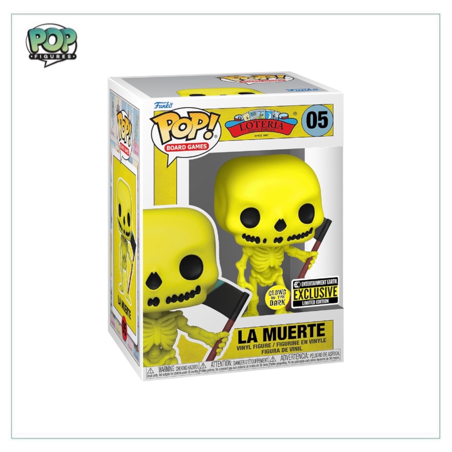 La Muerte #05 Funko Pop! glows in the dark, featuring Loteria Don Clemente design, exclusive from Entertainment Earth.