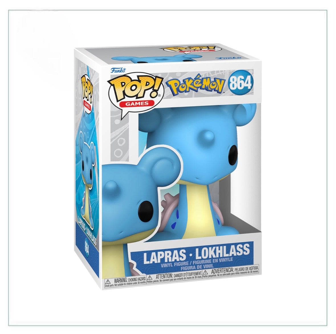 Funko Pop! figure of Lapras, a blue sea Pokémon with a friendly expression and a shell-like back, standing on a base.