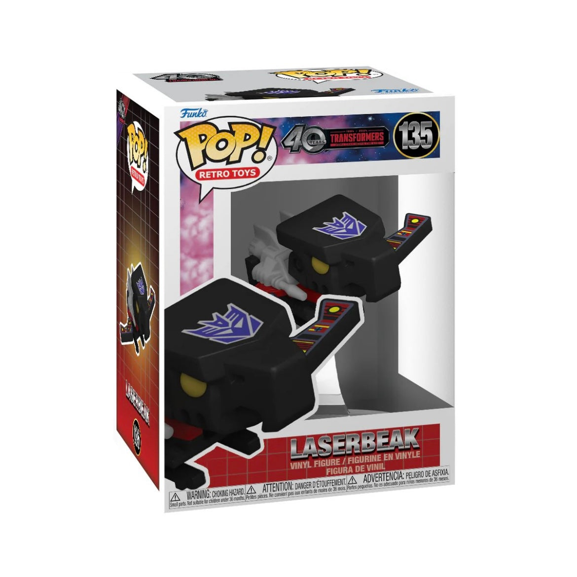 Funko Pop! figure of Laserbeak #135 from Transformers, showcasing the character in vibrant colors and detailed design.