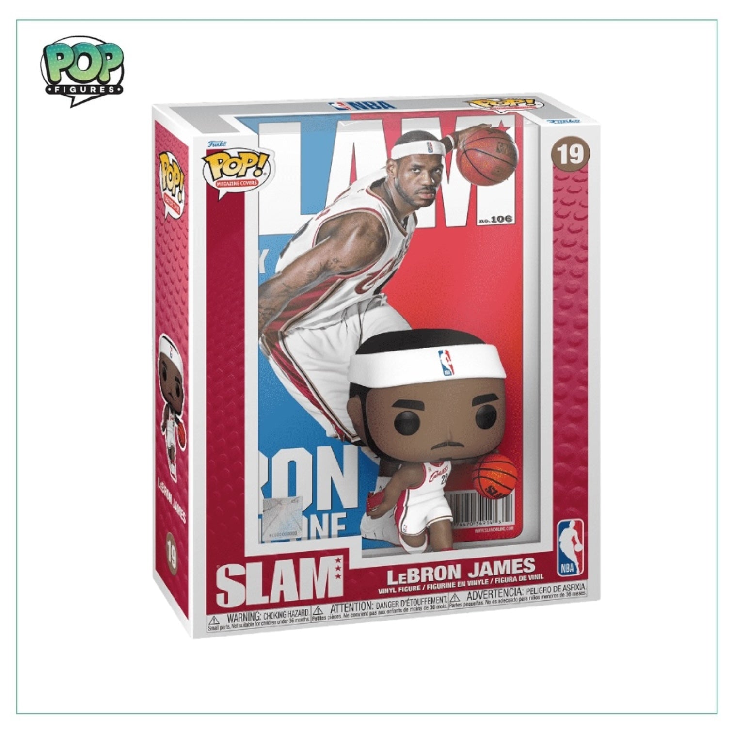 LeBron James #19 Funko Pop! figure featured on a vibrant Slam Remix comic cover, showcasing dynamic artwork and colors.