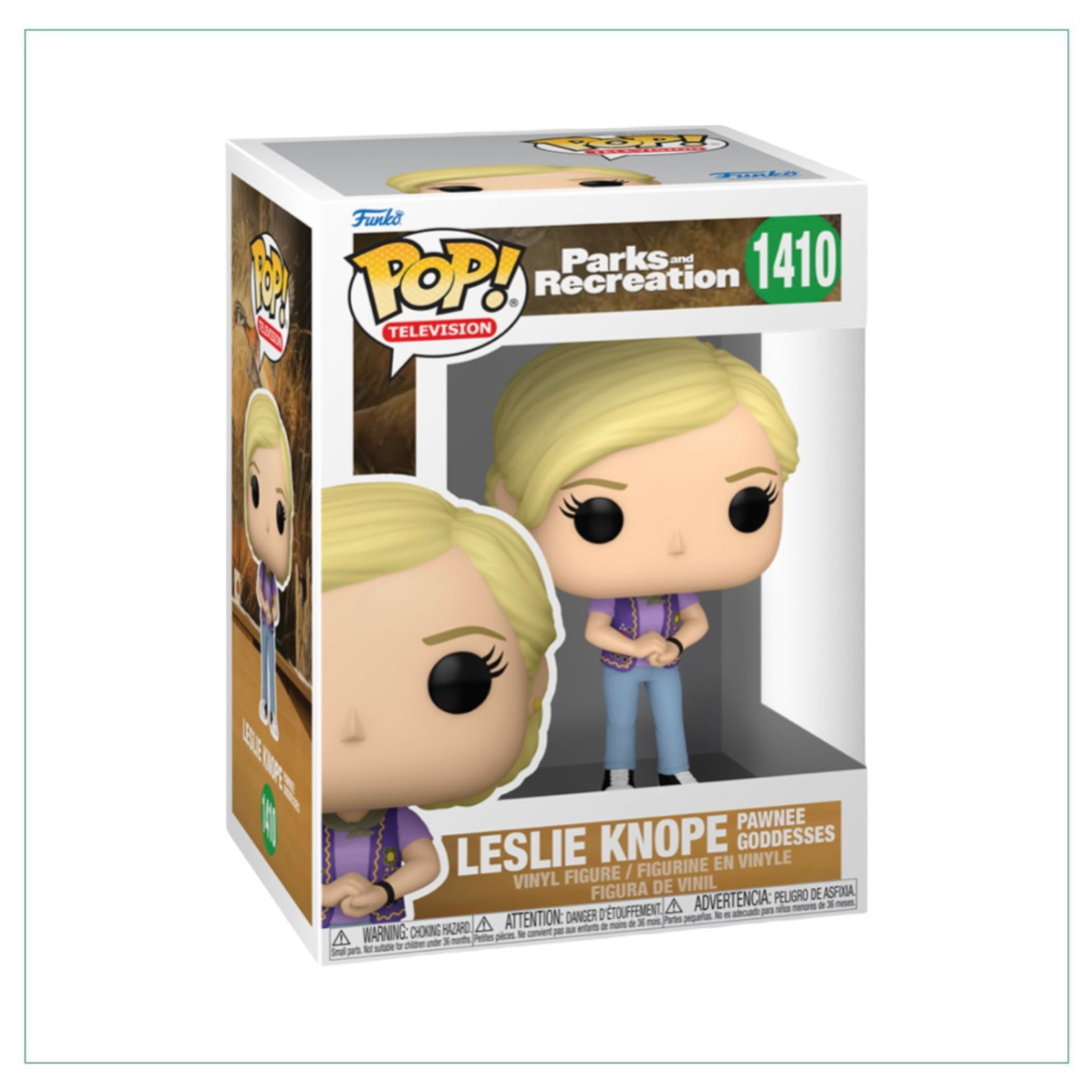 Leslie Knope Funko Pop! from Parks & Recreation, featuring her signature smile and distinctive outfit in a collectible design.