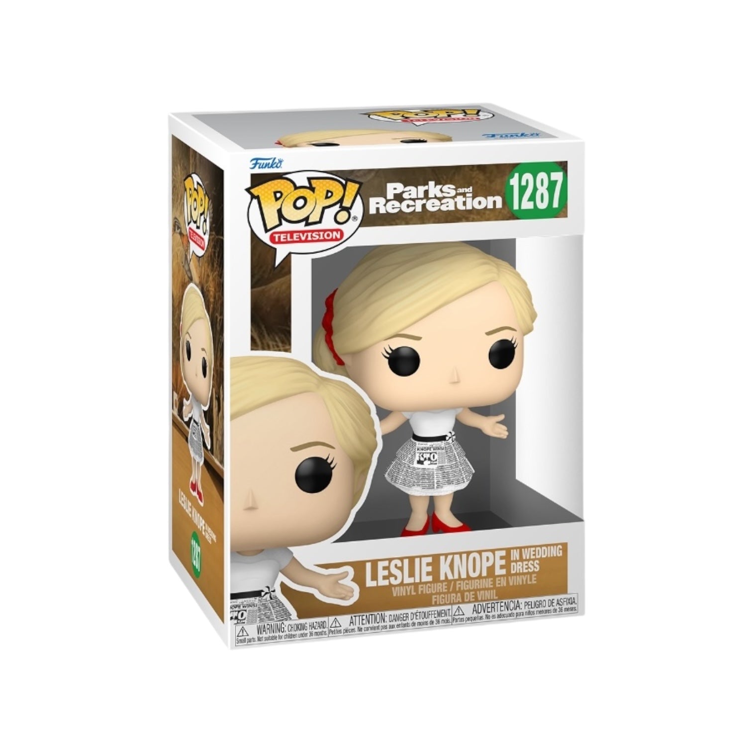 Leslie Knope in a wedding dress Funko Pop! figure, showcasing her signature style from Parks and Recreation.