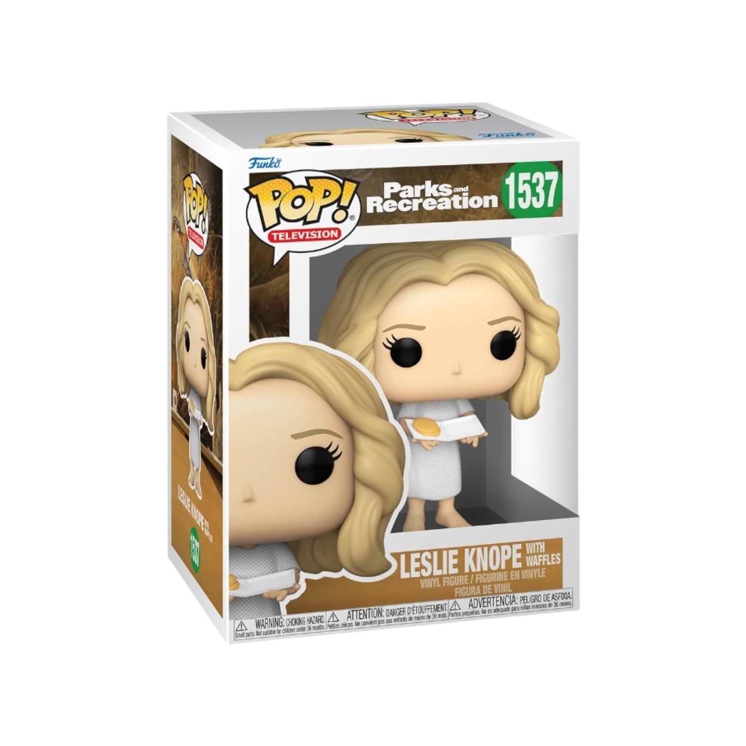 Leslie Knope Funko Pop! #1537, featuring her with waffles, capturing the spirit of Parks and Recreation in a cute design.