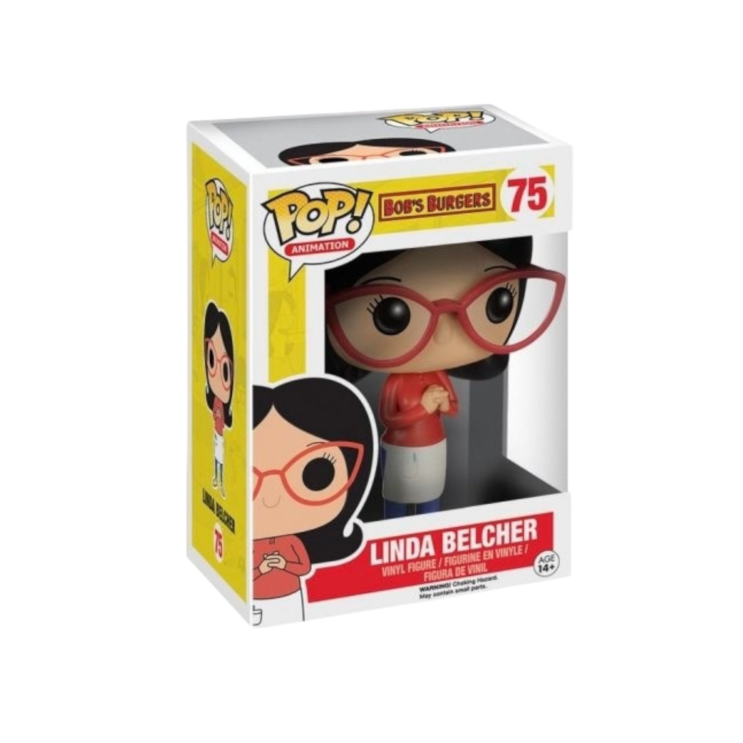 Linda Belcher from Bobs Burgers with shoulder length black hair, red framed glasses, a red long sleeved top, blue jeans and a white apron.