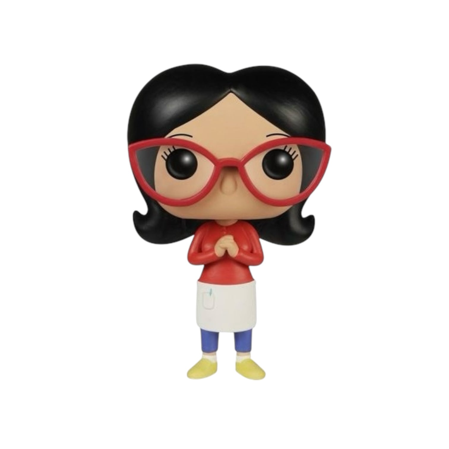 Linda Belcher from Bobs Burgers with shoulder length black hair, red framed glasses, a red long sleeved top, blue jeans and a white apron.