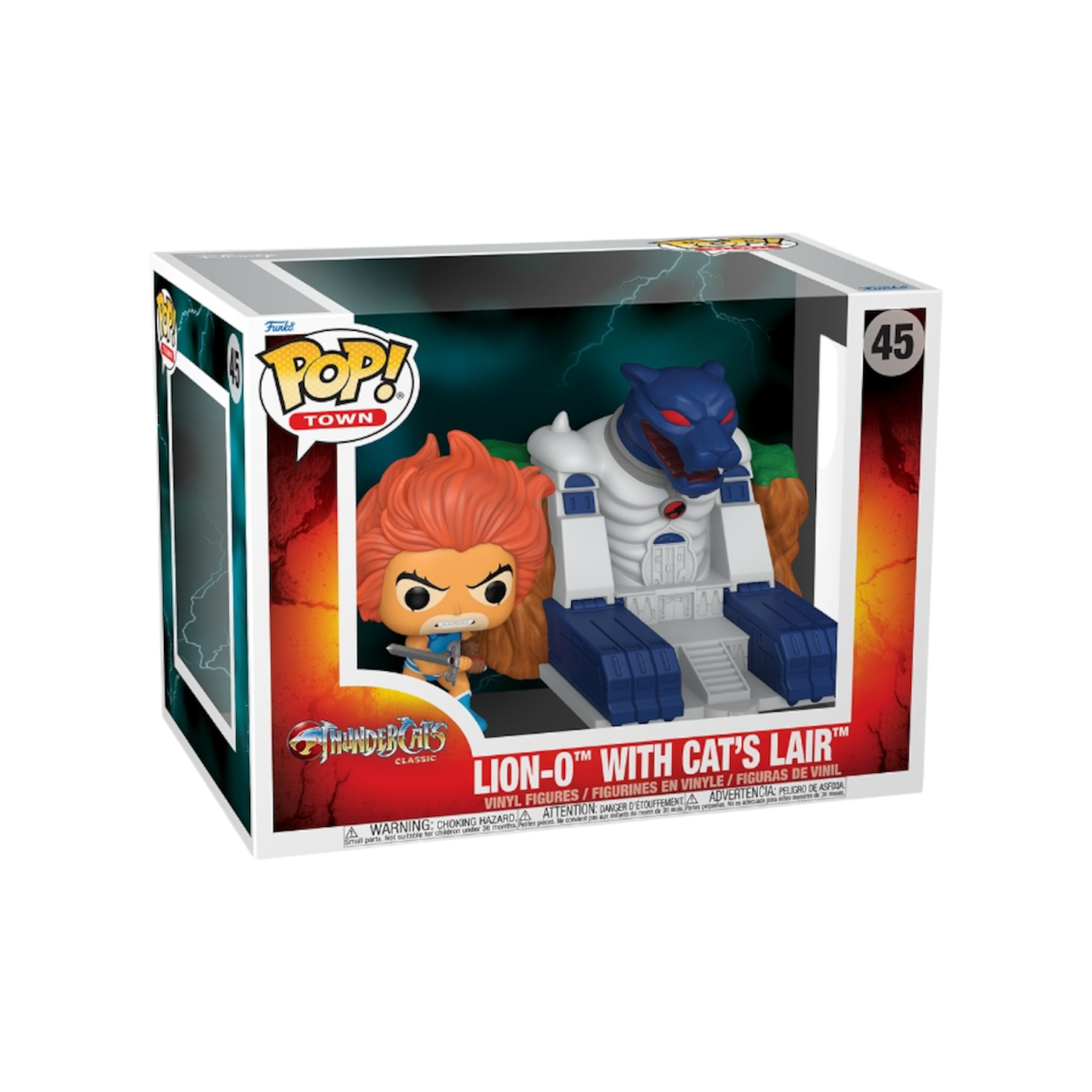 Lion-o with Cats Lair funko pop, lion-o in his blue outfit holding a sword