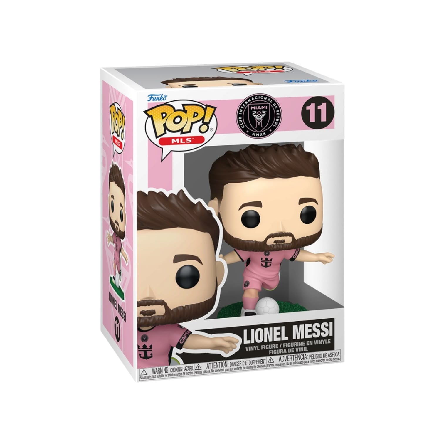 Funko Pop! Vinyl Figure Lionel Messi #11 in his pink Inter Miami CF soccer jersey, shown inside its original pink and white retail packaging box against a white background.
