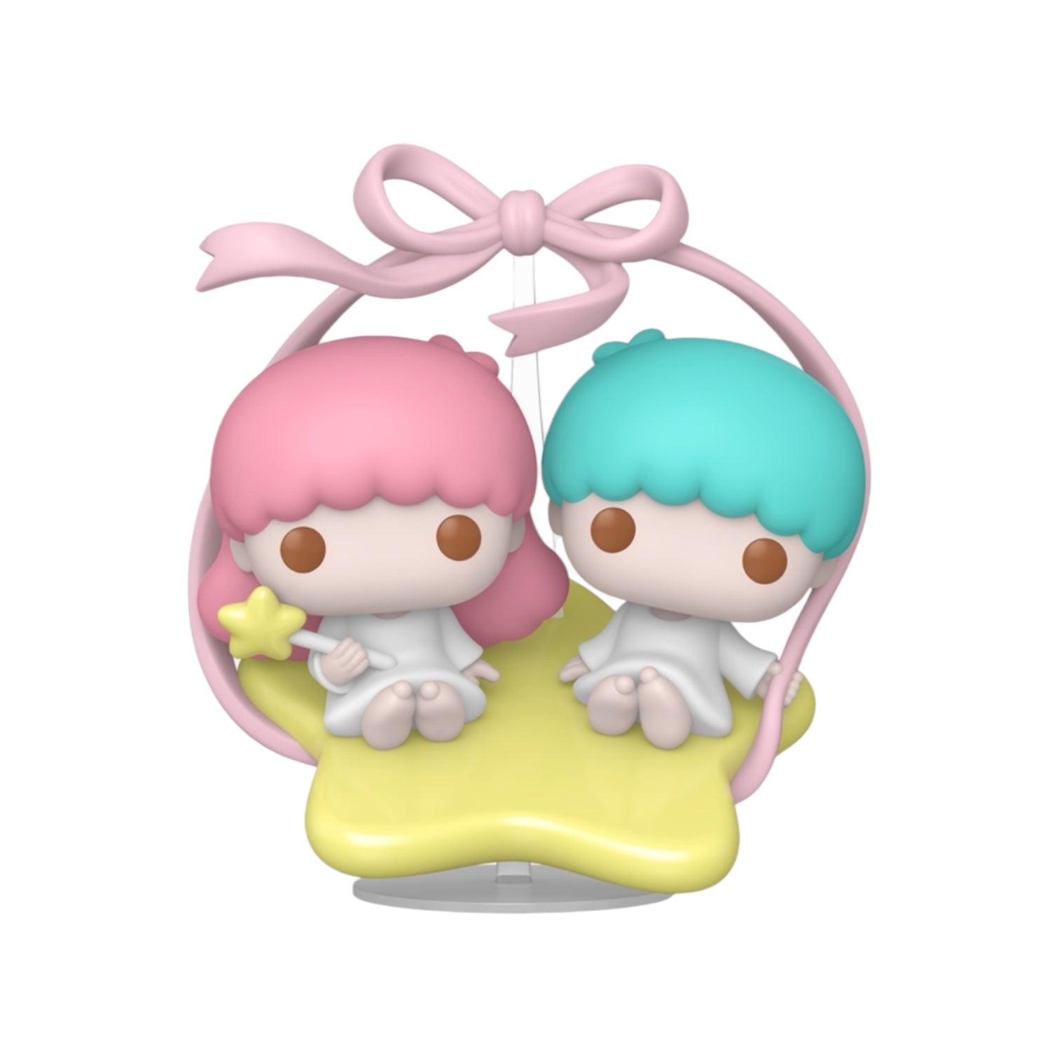 Two cartoon characters with pastel hair colors sitting on a yellow star-shaped cloud with a pink bow.
