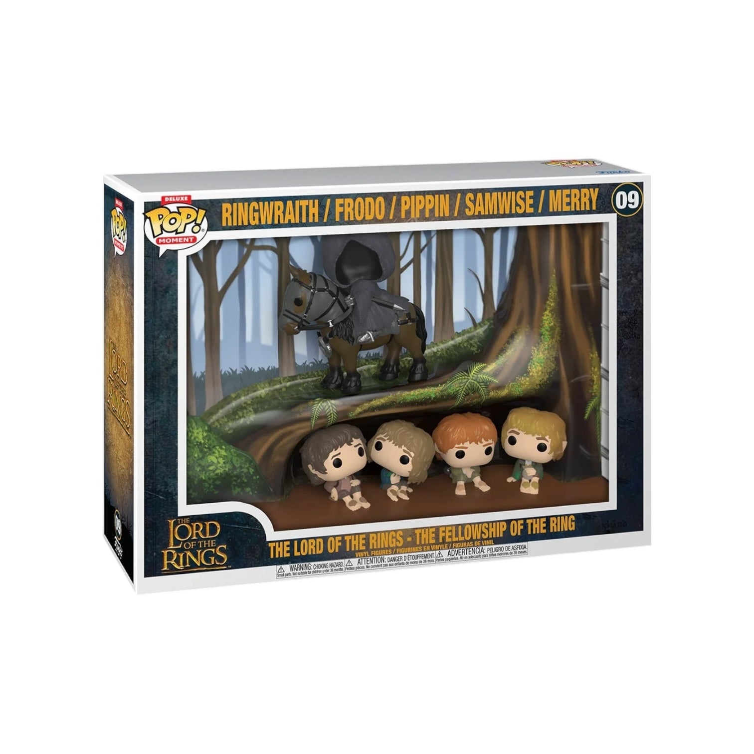 Funko Pop! packaging featuring characters from 'The Lord of the Rings' with a forest scene background.