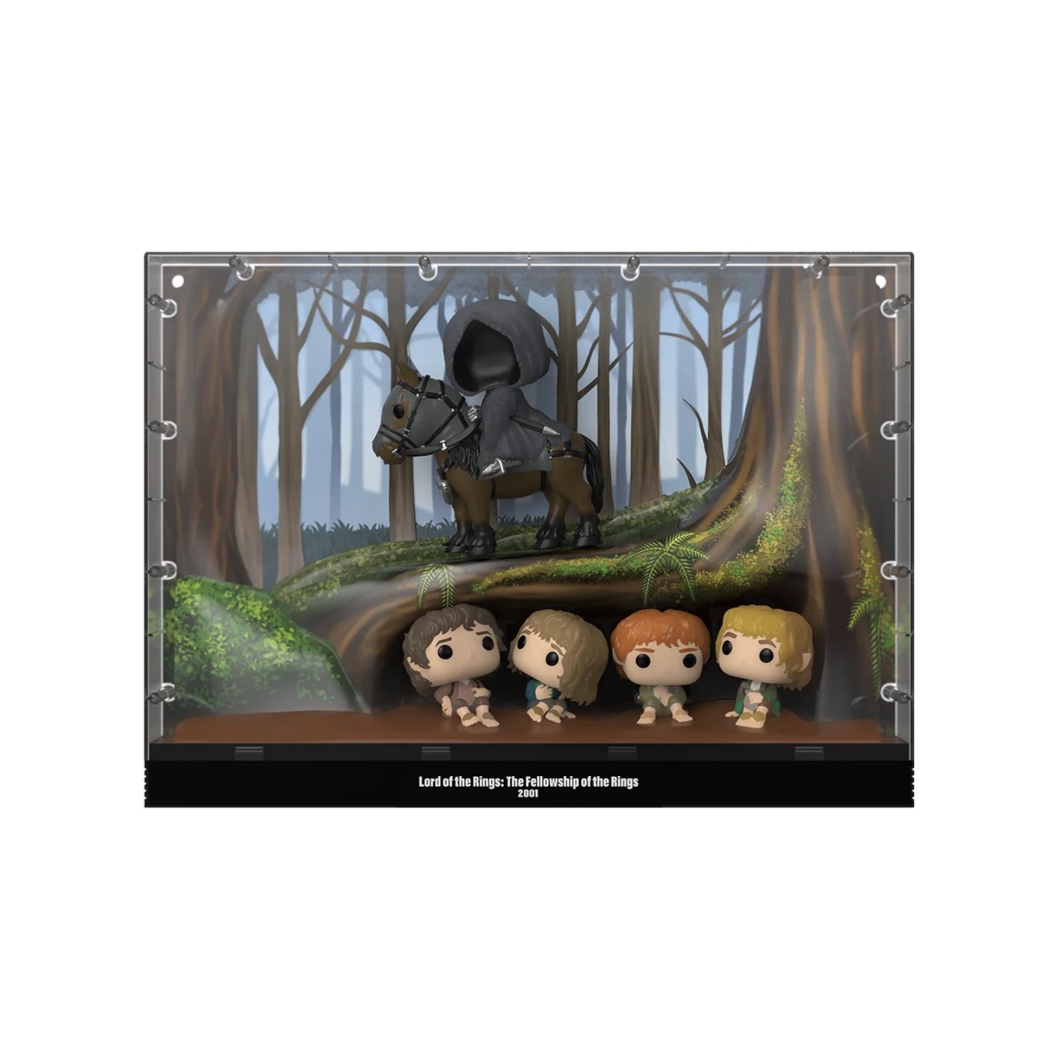 Funko Pop! figures in a display case with a forest background