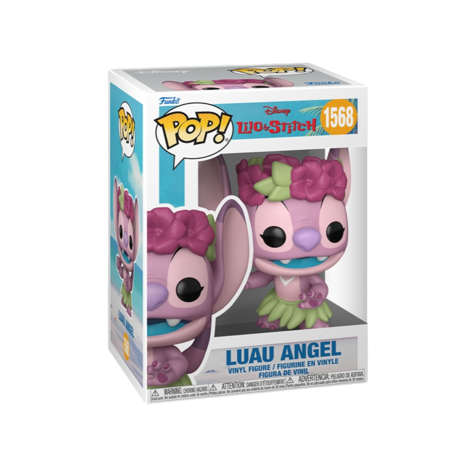 Pretty pink Luau Angel funko pop in a dancing stance with grass hula skirt