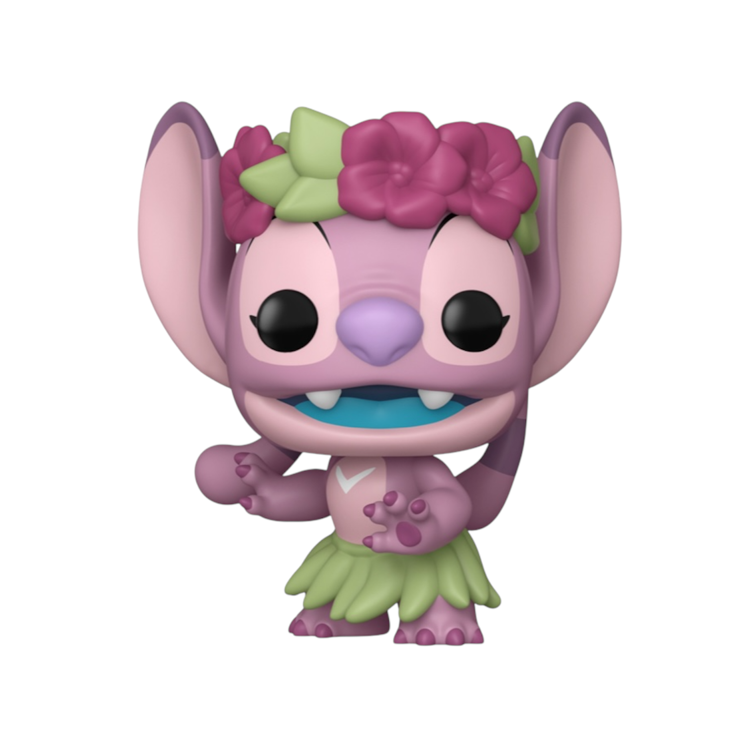 Pretty pink Luau Angel funko pop in a dancing stance with grass hula skirt