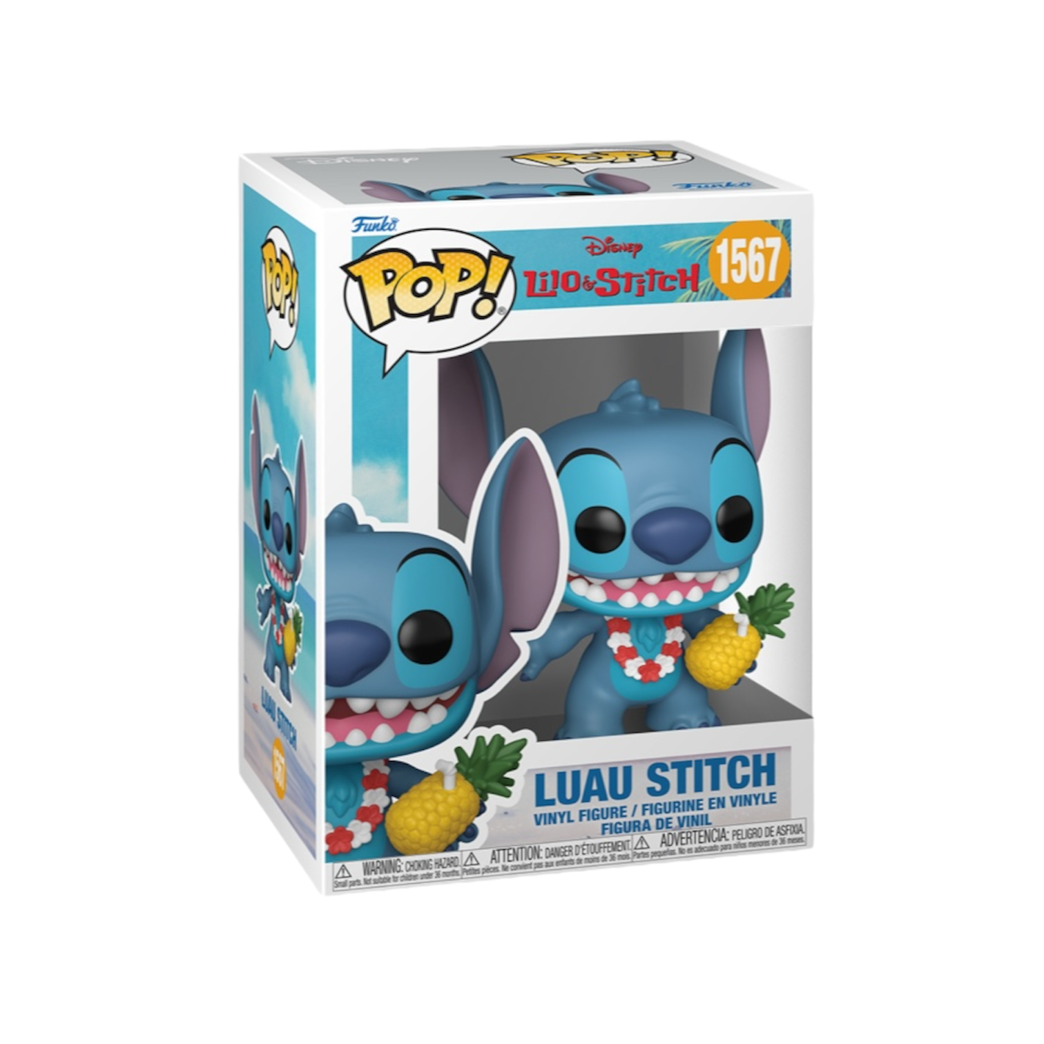 Stitch with a flower garland around his neck hold a pineapple looking ready for a hula party