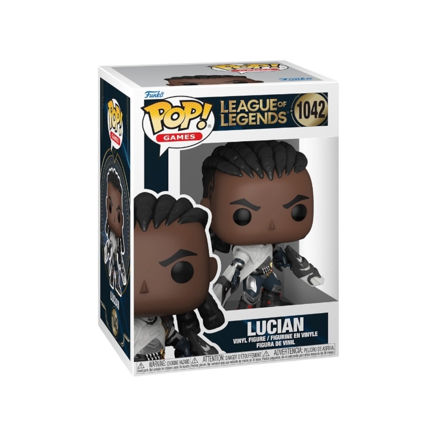 Lucian #1042 Funko Pop! figure from League of Legends, featuring a stylized character with dual pistols and a determined expression.