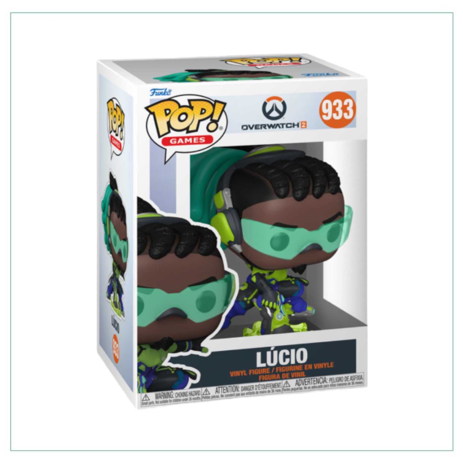Lucio #933 Funko Pop! figure from Overwatch 2, featuring his vibrant green and yellow outfit and headphones.