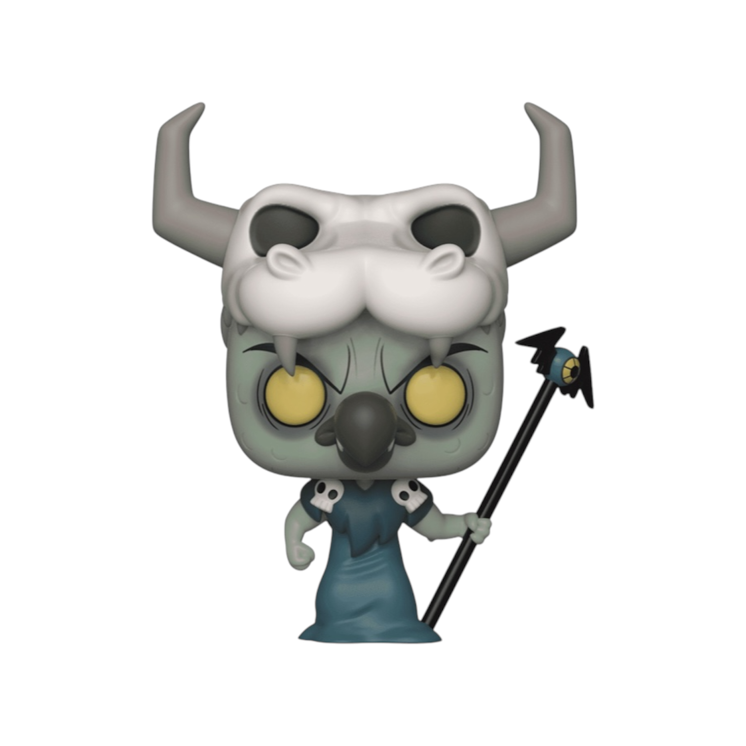 Ludo Avarius 504 Funko Pop wearing a gren robe with skulls on shoulder and animal skull on head