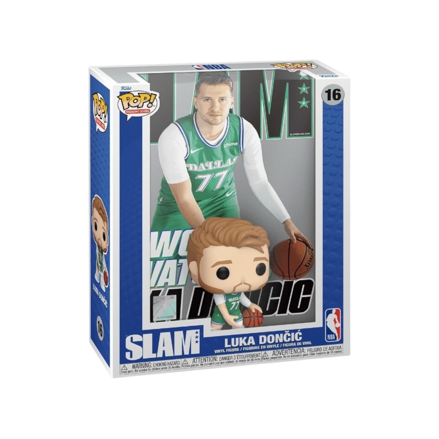 Luka Doncic #16 Funko Pop featured on a Slam magazine cover, capturing his dynamic presence in the basketball world.
