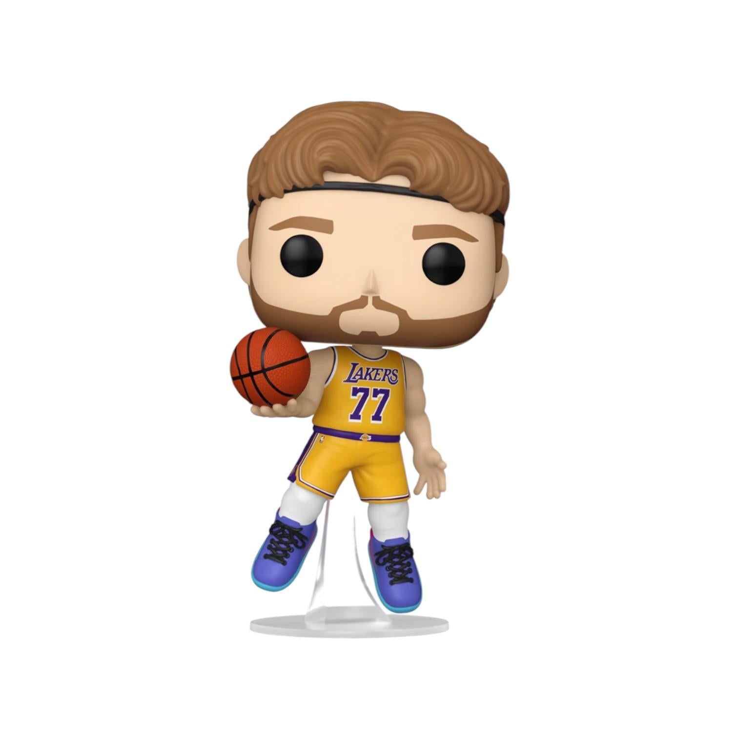 Basketball player figurine in Lakers jersey holding a ball on a white background