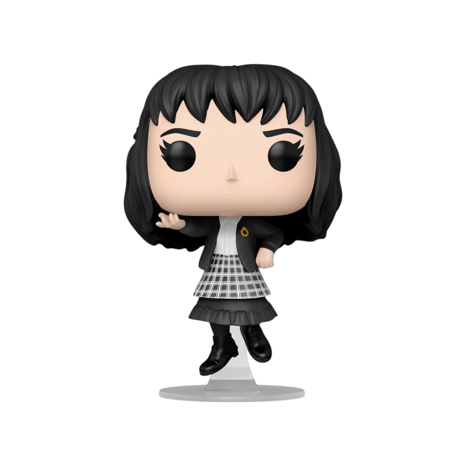 Lydia Deetz Floating in her traditional black and white checked skirt with white blouse and black jacket