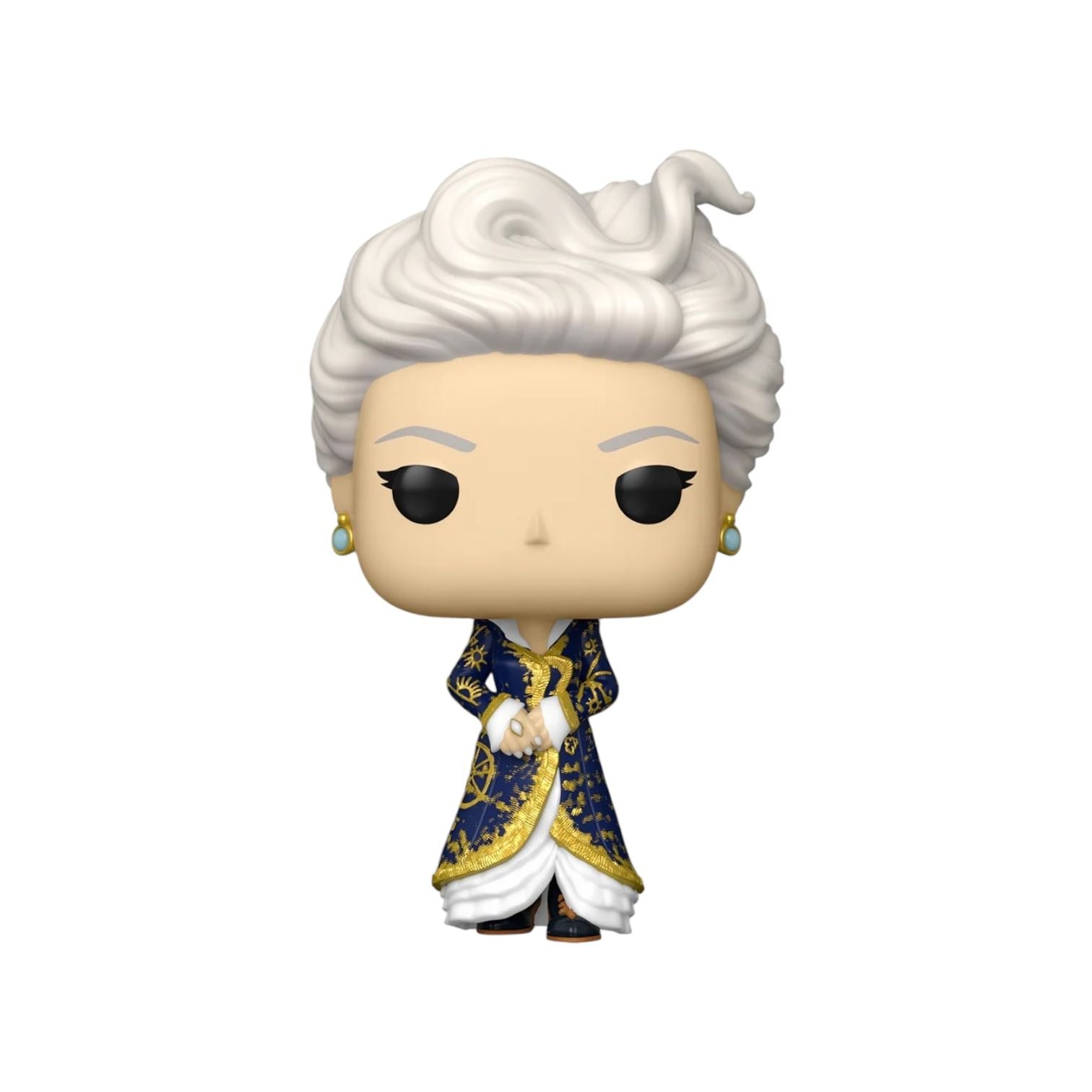 Madame Morrible wearing a blue gown, gold detail