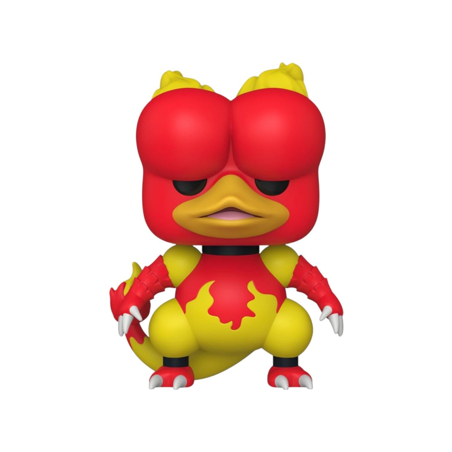 Red and yellow cartoon-like character figurine on a white background